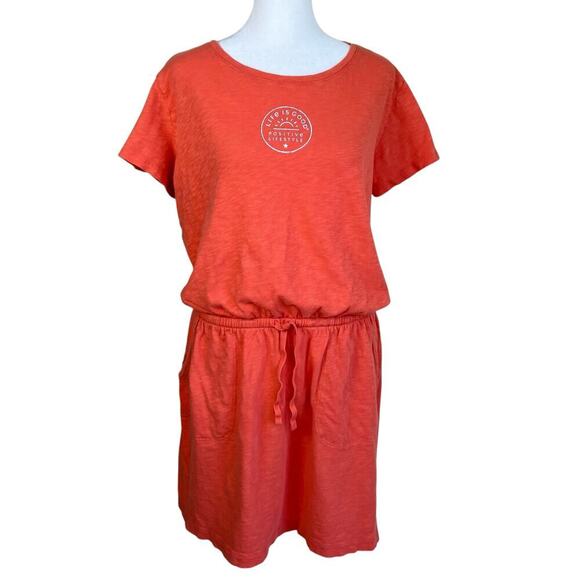 Life is Good Sz M Short Sleeve Textured Slub Cotton Mini Dress Orange Rising Sun - Picture 4 of 16